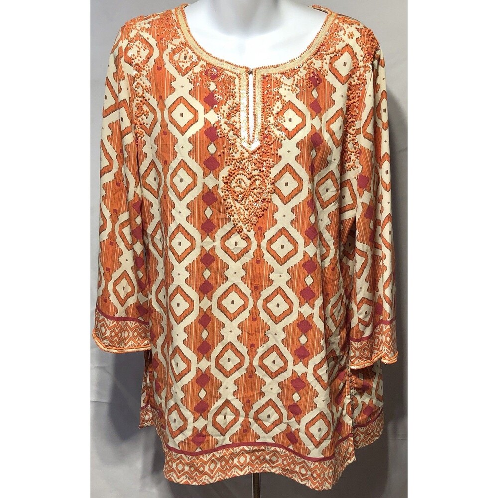 Kay Celine Chiffon Beaded kimono tunic top L Orange Geo Gypsy Psychedelic